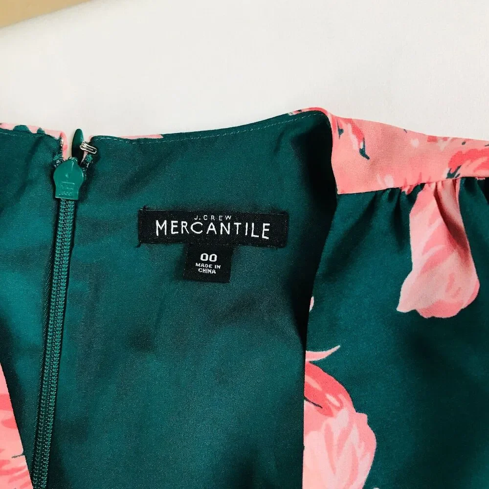 J Crew Mercantile Women's 00 Dress Green Pink Floral Tie-Shoulder A-Line CJ4